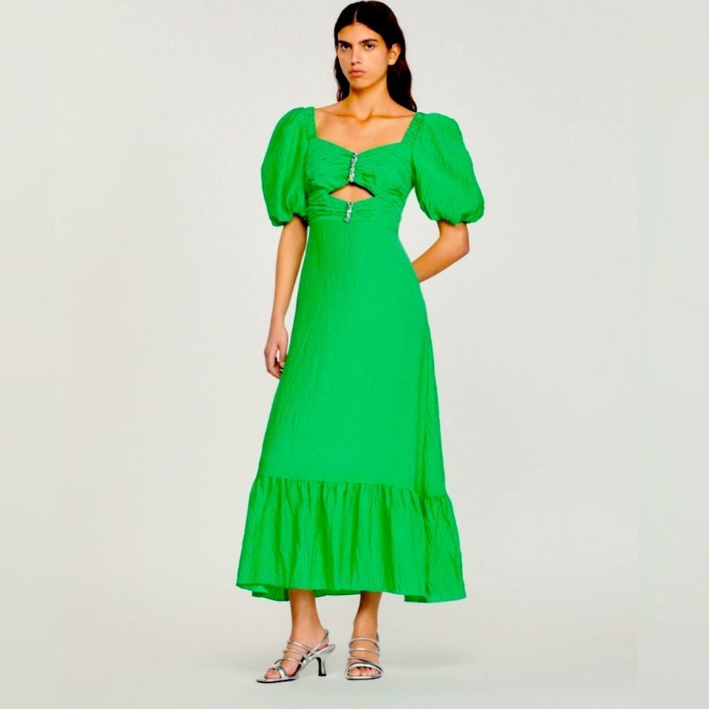 Sandro Falbala Embellished Cutout Green Midi Dress Size 36 NWT Retail $580